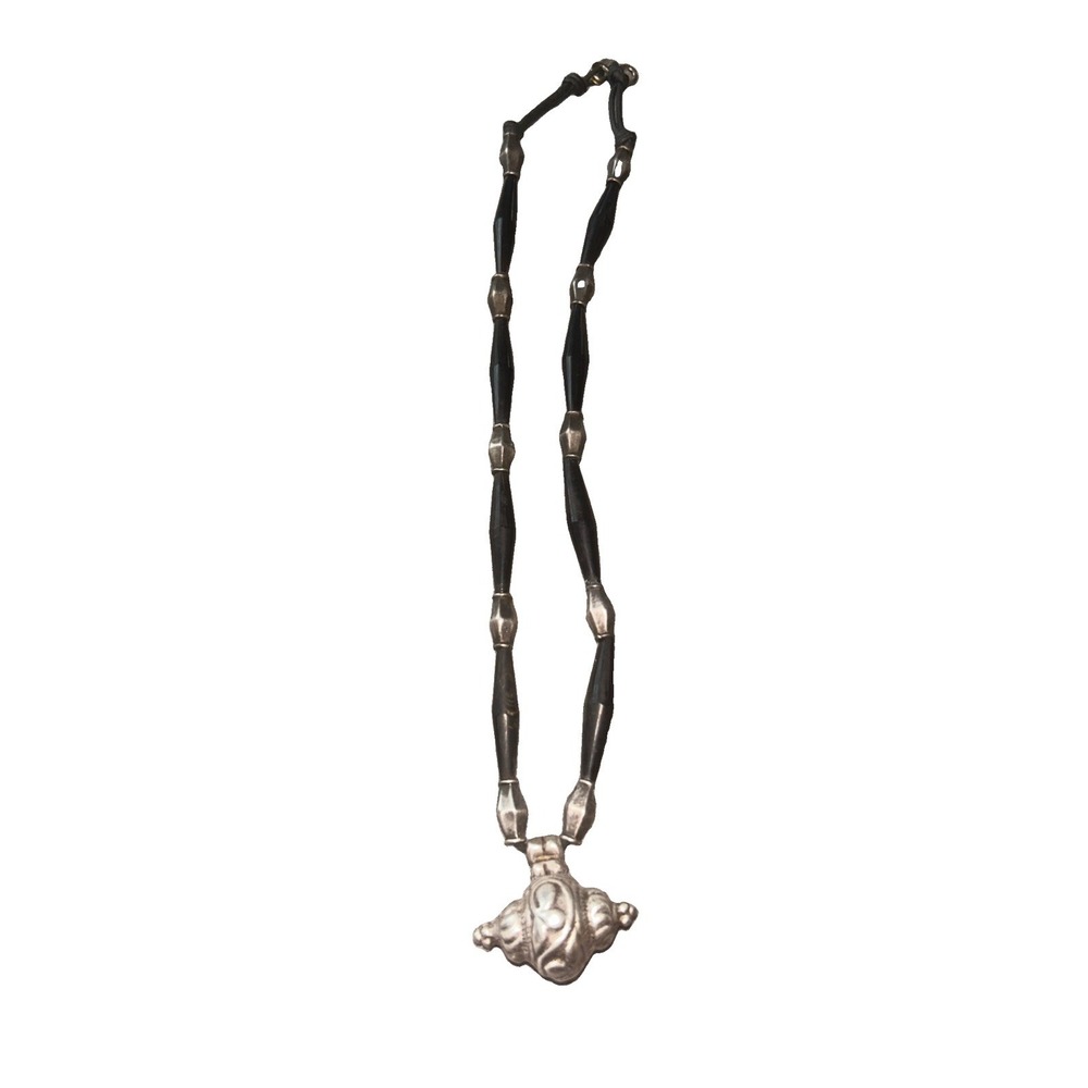Maria Rivolta Argentina Boho Tribal Statement Necklace Leather Cord Silver Tone